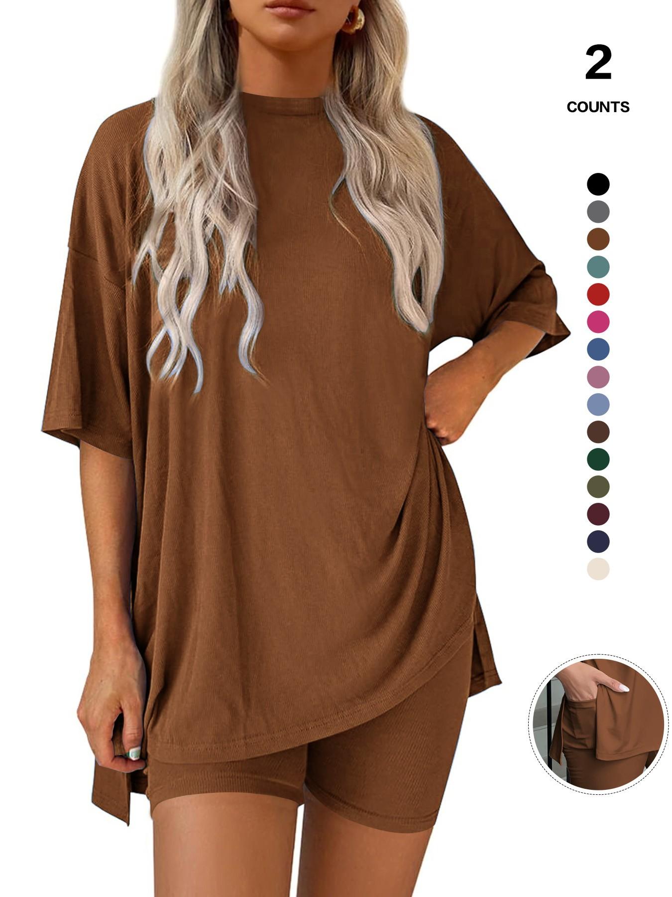 Cozy Mama Lounge Set, Women's 2-Piece, Crew Neck Oversized T-Shirts, Comfortable Home Wear, Perfect for Relaxing at Home