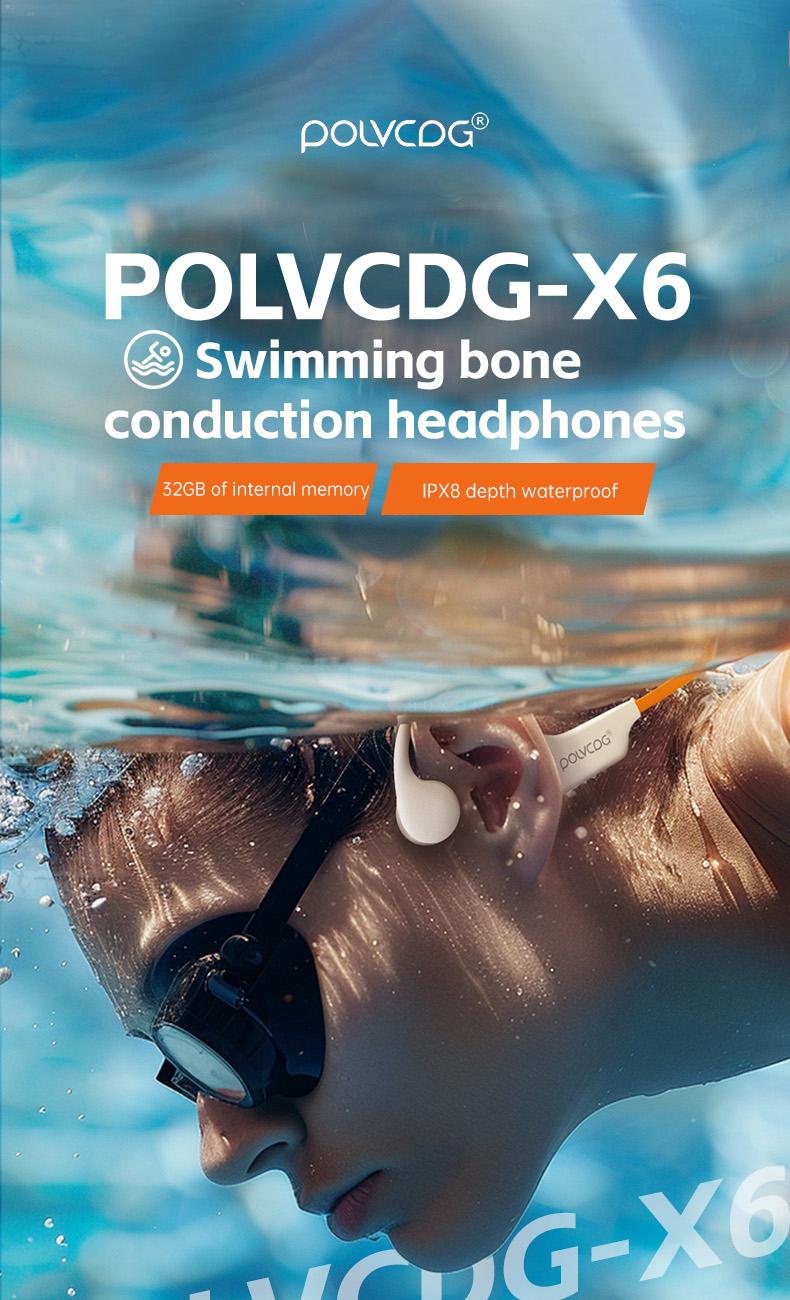 POLVCDG X6 wireless bone conduction headphones are deeply waterproof, 10 hours long battery life, 28g lightweight body 32GB large capacity.