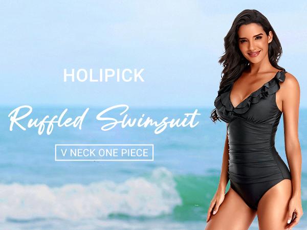 Holipick Women's Ruffle One Piece Swimsuits Tummy Control Bathing Suit V Neck Swimwear Slimming for Teen Girls