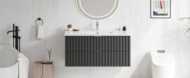 【Valentine's Day gift】ONBRILL Bathroom Vanity with Sink Combo, Floating Bathroom Vanity with 2 Fluted Drawers & Metal Handle, Modern Wall Mount Storage Cabinet with Ceramic Integrated Sink for Small Space