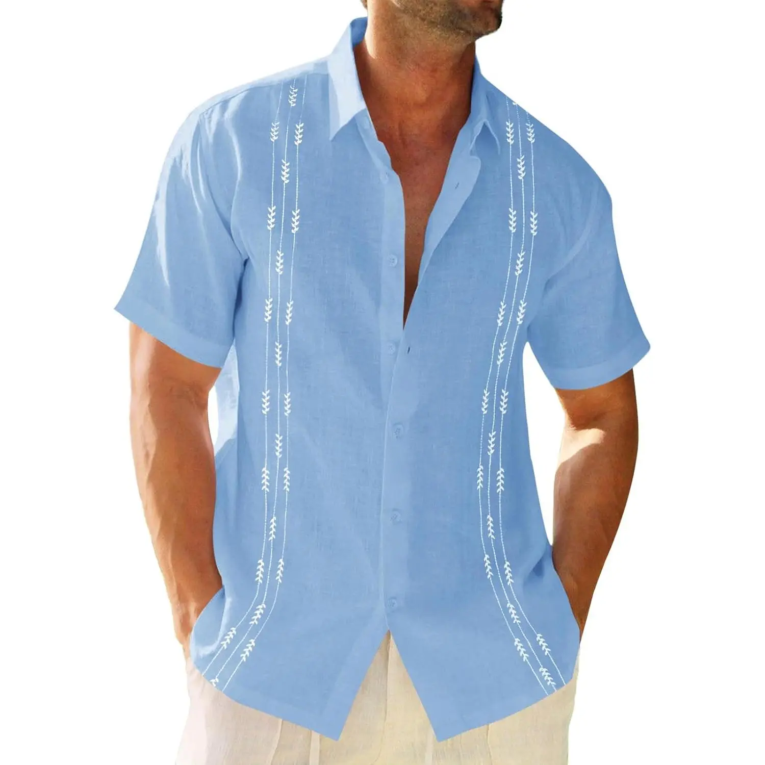 Men's Guayabera Cuban Short-Sleeve Button-Down Menswear Top - Linen-Cotton Casual Fabric Summer Beach Shirt, Shortsleeve