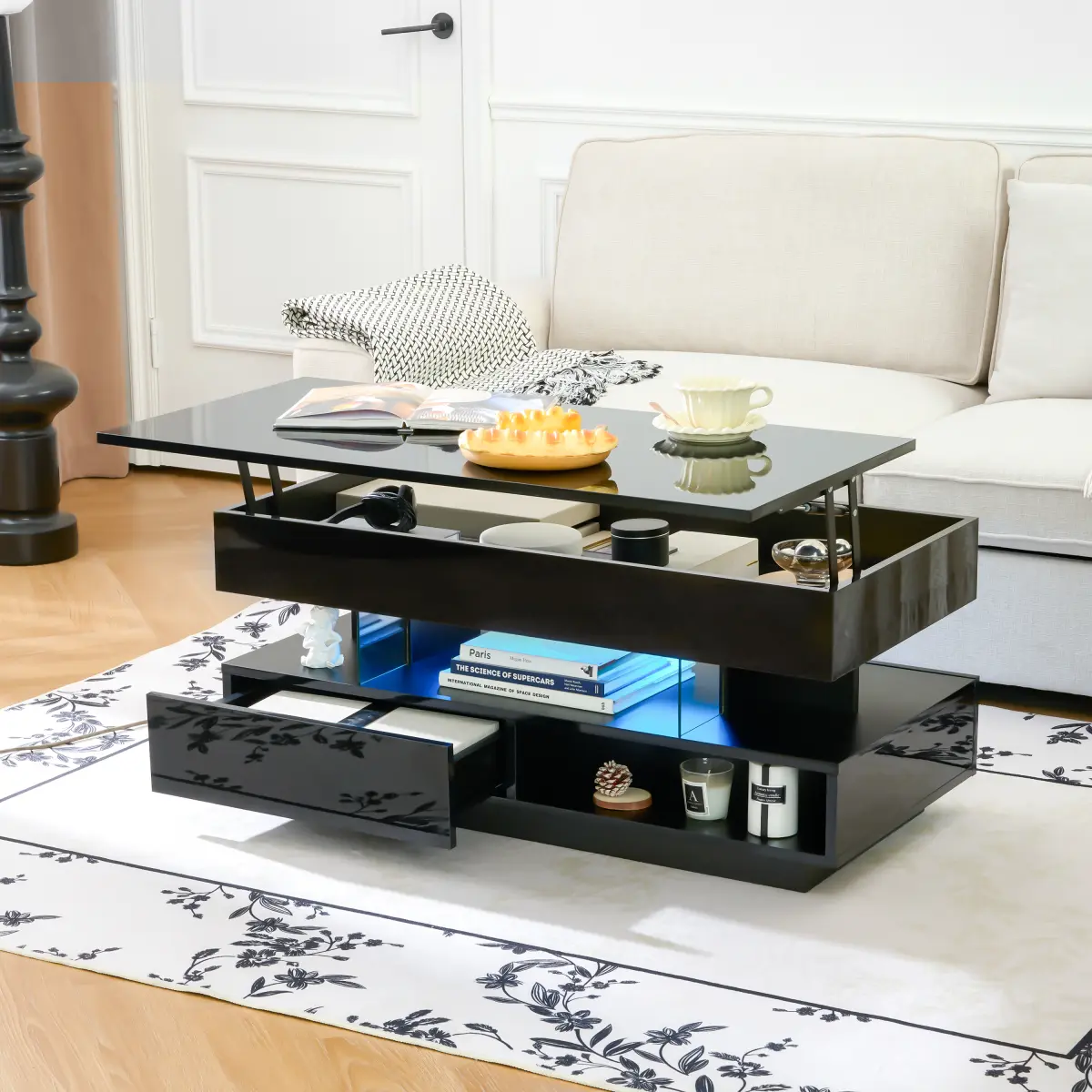 39.3" Lift Top Coffee Table with Hidden Compartment, 2 Storage Drawers and Ajustable LED Lights,Modern Multifunction Coffee Tables for Living Room, Bedroom,Office(Black)