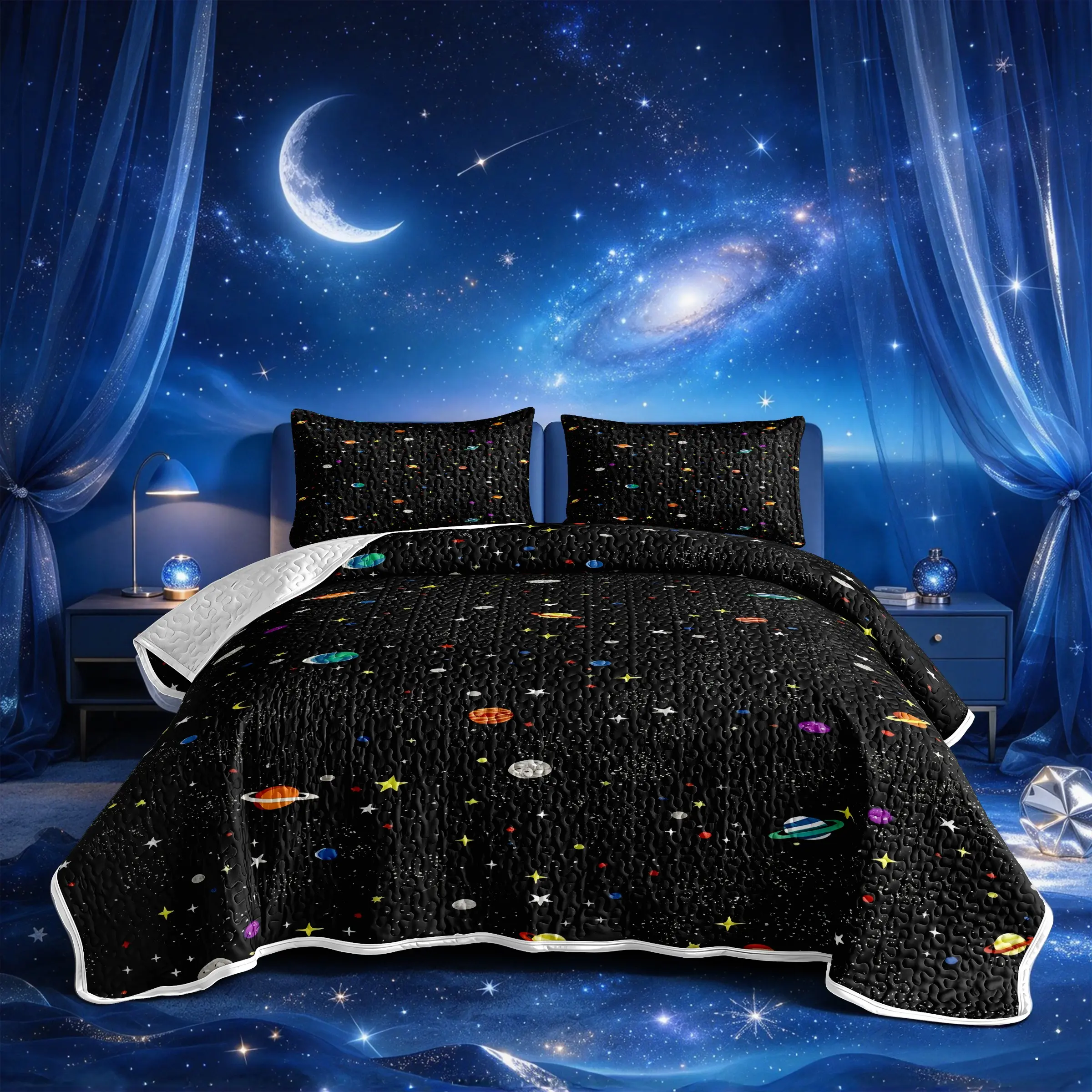 3Pcs Cartoon Solar System Planet Quilt Set Includes 1 Quilt and 2 Pillowcases Black Background Full Print Of Colorful Planets Stars And Crescents Fun Space Cosmic Style Reversible Lightweight Bedding No Inner Filling All Season Kids Themed Gift