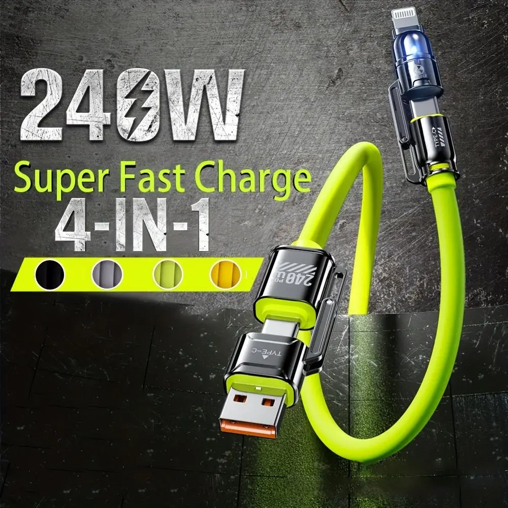 240W Fast Charging 4in 1 Cable & Data Transfer, USB C Thicker Charger Cord for iPhone iPad Charger Wire Combo with Lightning/Type C/USB A for iPhone 17/16/15/Macbook for Samsung, LG, Moto G, Google Pixel Xiaomi More