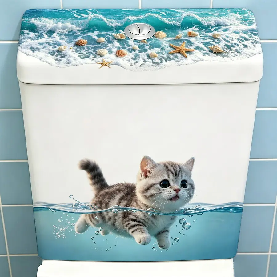Cute Cat Wave Toilet Tank Sticker, Self-Adhesive Bathroom Decorative Decal, Includes Starfish, Shell, and Water Splash Patterns