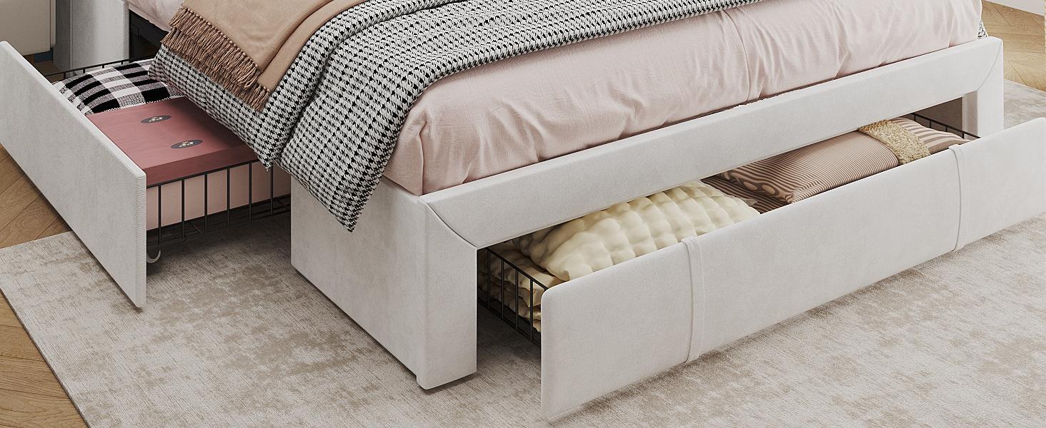 Vabches Bed Frame with LED Light and 3 Drawers Storage, Upholstered Velvet Platform Bed Frame with Charging Station, Wingback Tall Headboard, No Box Spring Needed