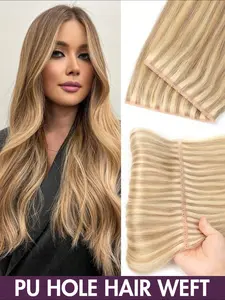 Honey Blonde Invisible Weft Hair Weave Extensions, Real Human Hair Double-Sided Weaving Clip-, 12 to 24 Inches Available for Women