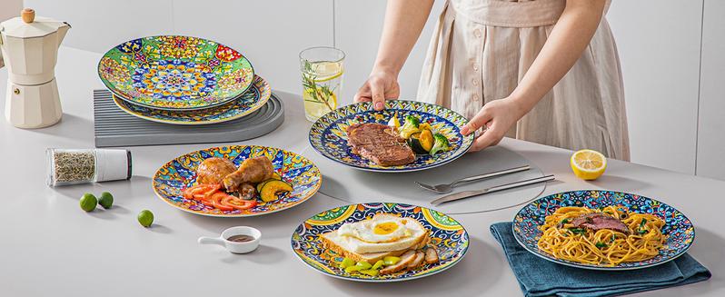 vancasso Dessert/Dinner Plates Set of 6, 8.5/10.5 Inch Ceramic Plates, Microwave, Oven and Dishwasher Safe, Colorful Bohemian Style Dishes for Kitchen