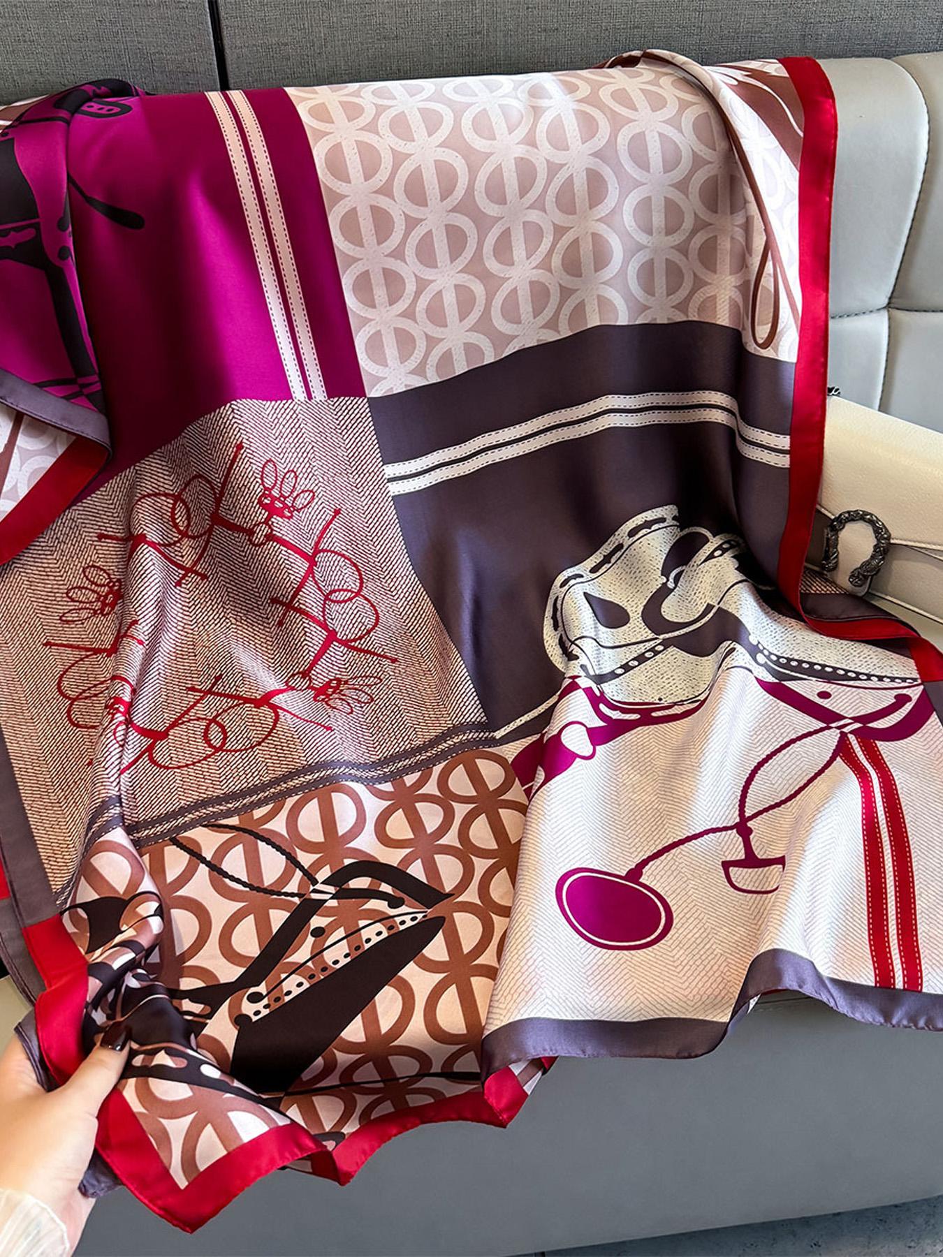 Spring Summer High-End Patchwork Colorblock Geometric Print Silk Scarf, Neck Warmer, Multifunctional Outerwear, Fashion Accessory