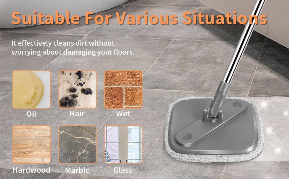 Spinning Mop and Bucket Set with Self-Separating Dirty Water & Clean Water System, Self-Drying 360° Spin Square Mop Head Wardwood Tile Marble Floors,Cleaning Mop after the party,adjustable hand tool,Family House Mom Home
