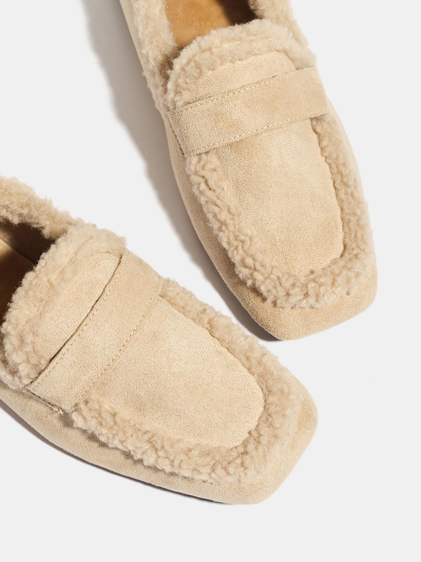 Women's Fall Winter PU Leather Casual Loafers, American Retro Style Furry Slip-On Shoes, Soft Rubber Sole, Warm & Comfortable Design