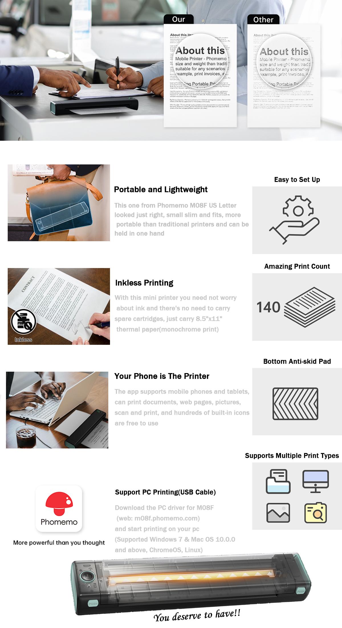Phomemo M08F Inkless Portable Bluetooth Printer – Supports 8.5" x 11" Letter & A4 Thermal Paper, Compatible with iOS, Android & Laptops, Perfect for Office, Home, School, Business & Travel