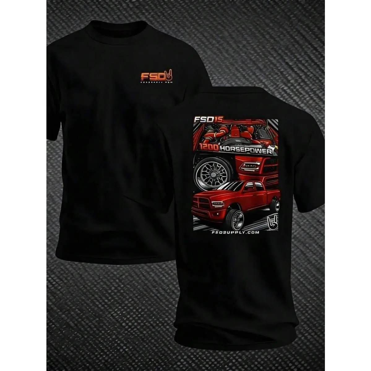 Men's Cotton T-Shirt, FSD Red 1200 HP Truck T-Shirt - Bold Horsepower Cotton Crew Neck Print T-Shirt For Muscle Truck Enthusiasts, Race Fans, And Those Who Customize And Lift Truck Styles. Fun T-Shirt, Gift For Him Or Her, Casual Men's Clothing