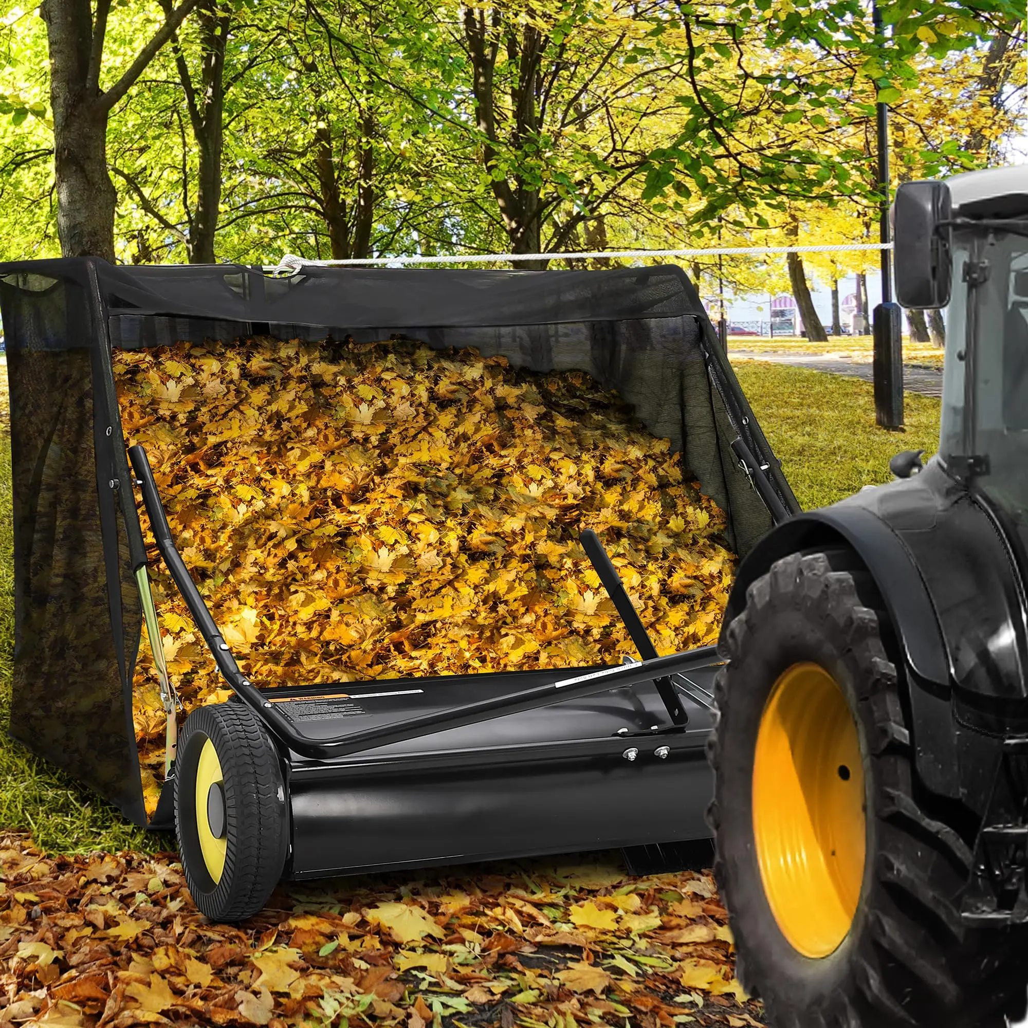 Tow Behind Lawn Sweeper 50", Pull Behind Lawn Sweeper, 26 cu. ft Large Capacity Leaf & Grass Collector, with Adjustable Sweeping Height and Dumping Rope Design for Picking Up Debris and Grass