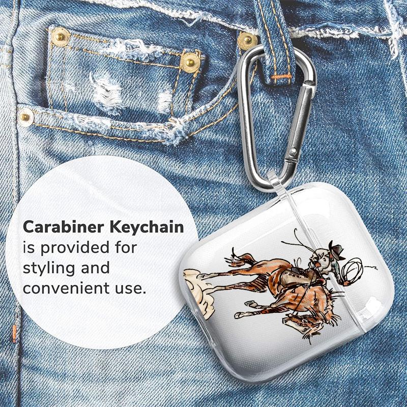 Cowboy's Wild Ride Pattern TPU Soft Protective Case for Apple AirPods 4/3/2/1/Pro/Pro2 Transparent Earphone Cover with Keychain Attachment
