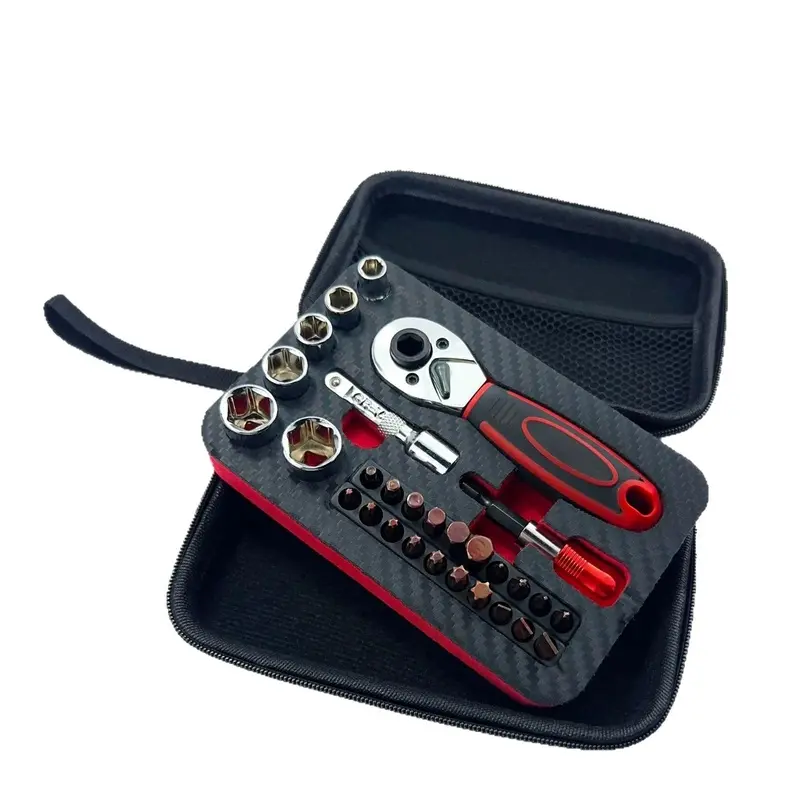 Set of 29 lightweight, multi-functional socket wrenches and screwdrivers; 6.3mm socket wrenches are included, as well as a 1/4 inch multi-functional quick-ratchet wrench. These tools are lightweight and easy to carry, making them suitable for home bicycle