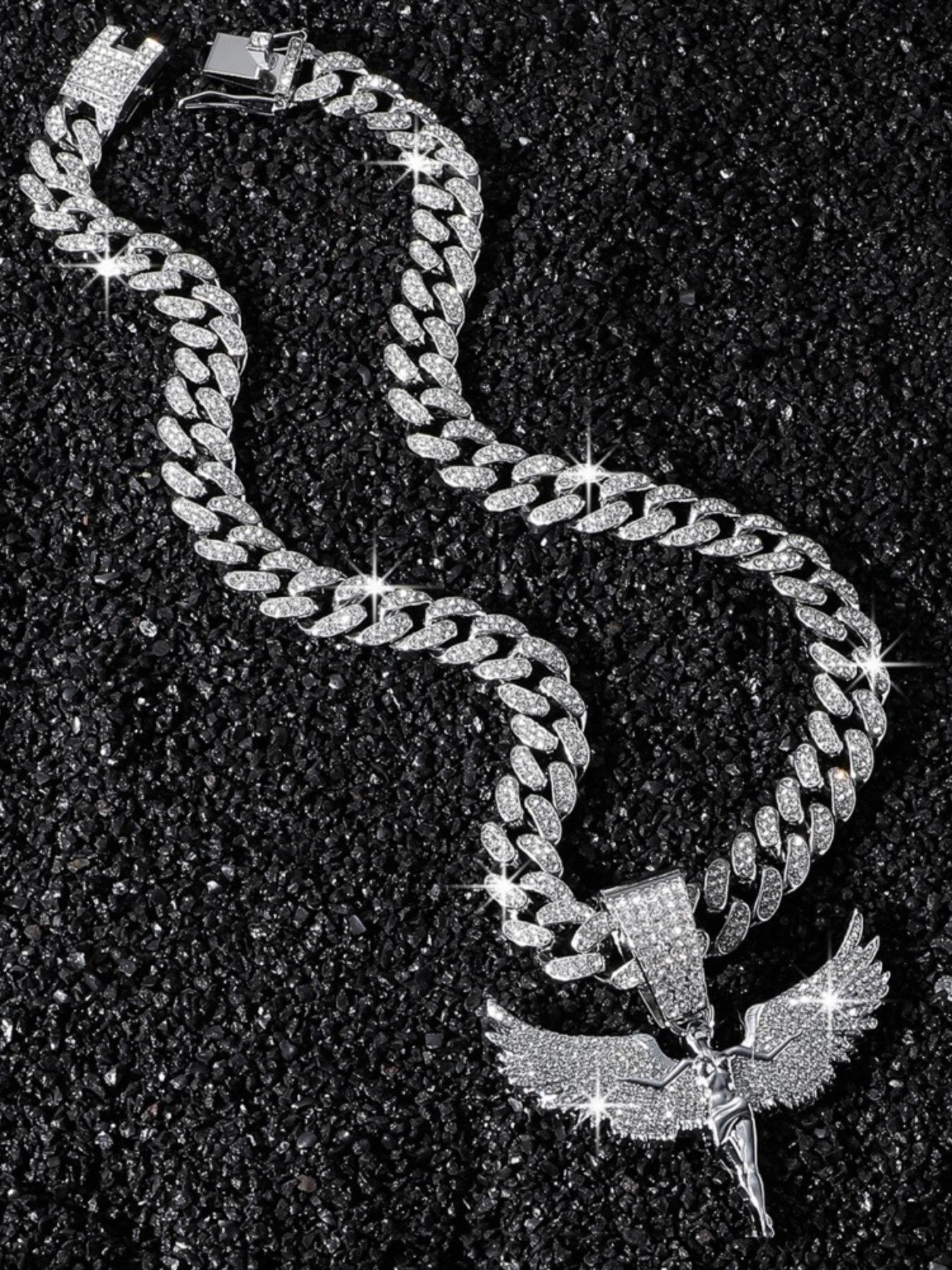 American Rap Style Large Wing Angel Pendant, Full Diamond Wide Cuban Chain, Cuban Link Design, Unique Men's Bling Necklace, Fashion Jewelry Accessory