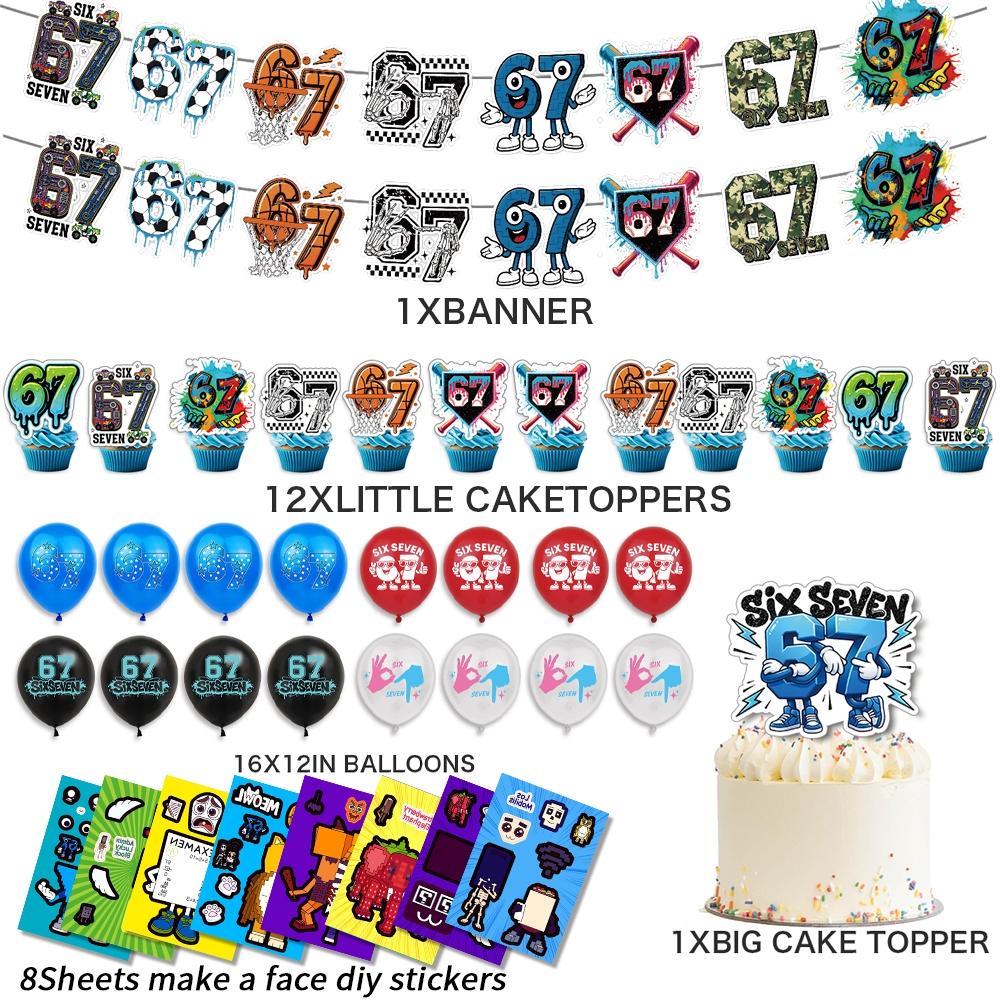 Hot Funny Abstract Six Seven Meme Theme Birthday Decorations ，Brainrot Meme &67 Themed party supplies Set Includes Banner, Cake Topper, Cupcake Toppers, Ballons，8 Sheets Make a Face Diy Sticker,Suitable for cartoon-themed birthday party events