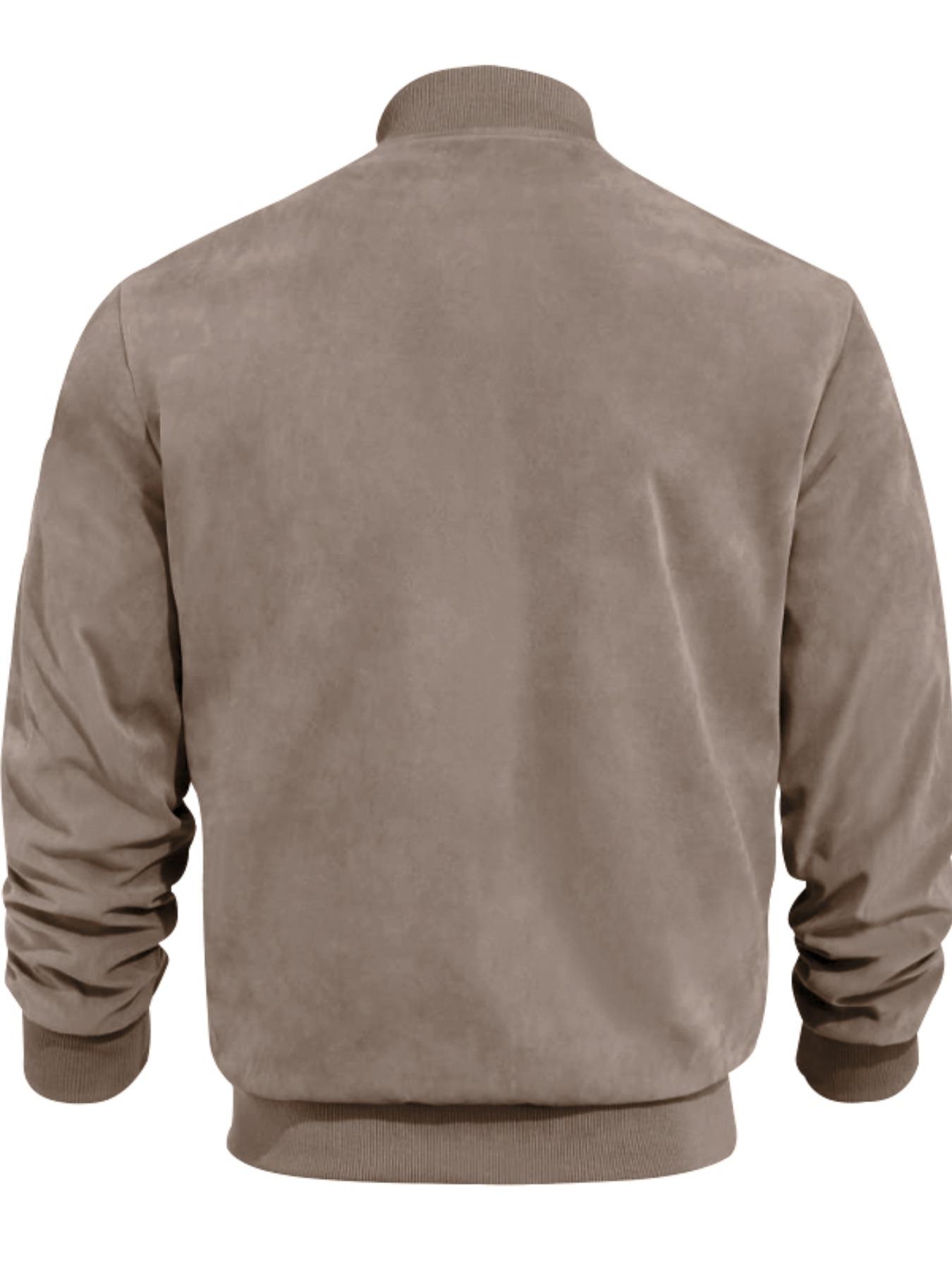 Men's Solid Color Suede Long Sleeve Jacket, Fall & Winter Casual Vintage Style Coat with Zipper Pockets, Classic Men's Denim Outerwear, Casual Fashionable Jacket