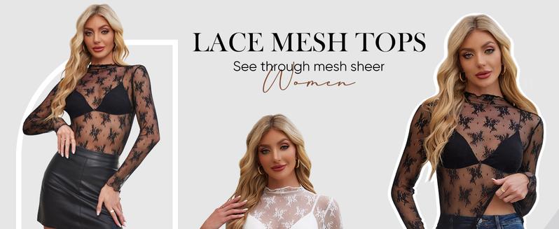 Siliteelon Lace Mesh Top - Burgundy Floral Long Sleeve Fitted Mock Neck See-Through Blouse for Y2K Club, Day Party & First Date Outfits | January Outfit Inspo