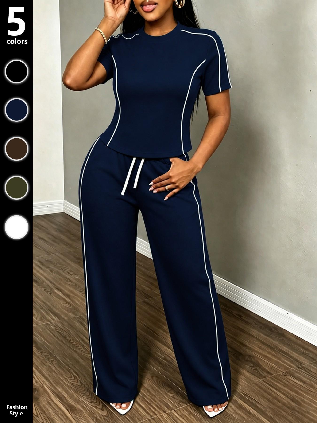 Women's Spring Summer Sporty Two-Piece Set, Fitted Round Neck T-Shirt & Wide Leg Pants, Casual Outdoor Wear, Multiple Colors Available, Sports Activewear Set