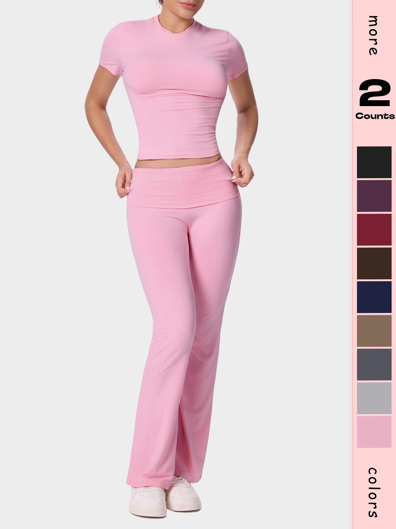 Women's Solid Color Short Sleeve Top & Flare Leg Pants Loungewear, Casual Comfy Two-piece Lounge Set, Ladies Loungewear for All Seasons, Pajama Set