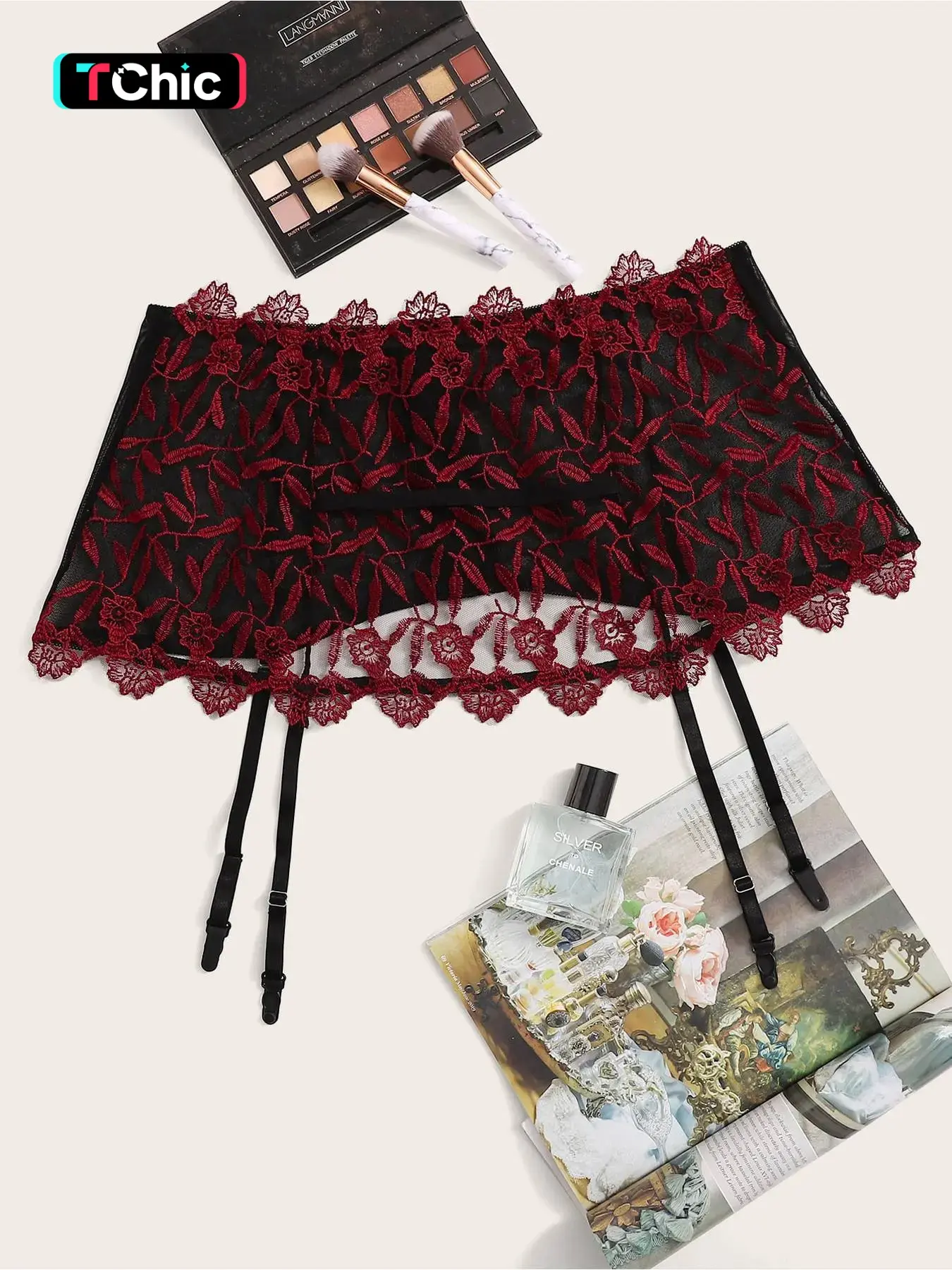 Plus Size Burgundy Mesh Embroidered Lingerie Garter Belt Set Sexy Accessories for Girls Night Out Outfits Boyfriend Gift Carnival Party Wear