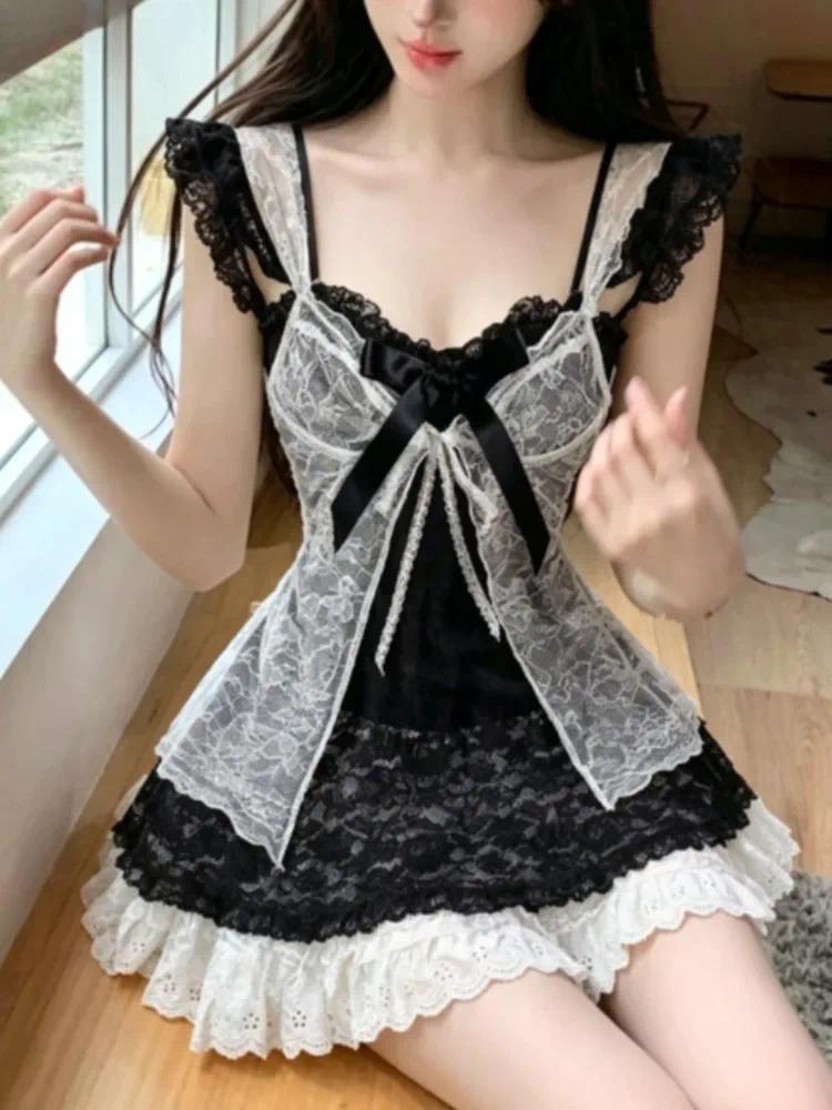 French Elegant Kawaii Aesthetic Lolita Dress Women Retro Japanese Style Ruffle Cake Bow Bandage Slim Y2K Outfit Trend Fashion