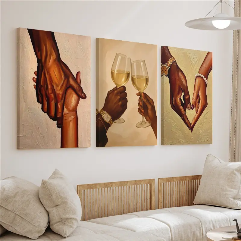 2D flat,3-piece set of couple holding hands heart-shaped wooden framed canvas oil paintings, wall decoration, home decor for living room and bedroom