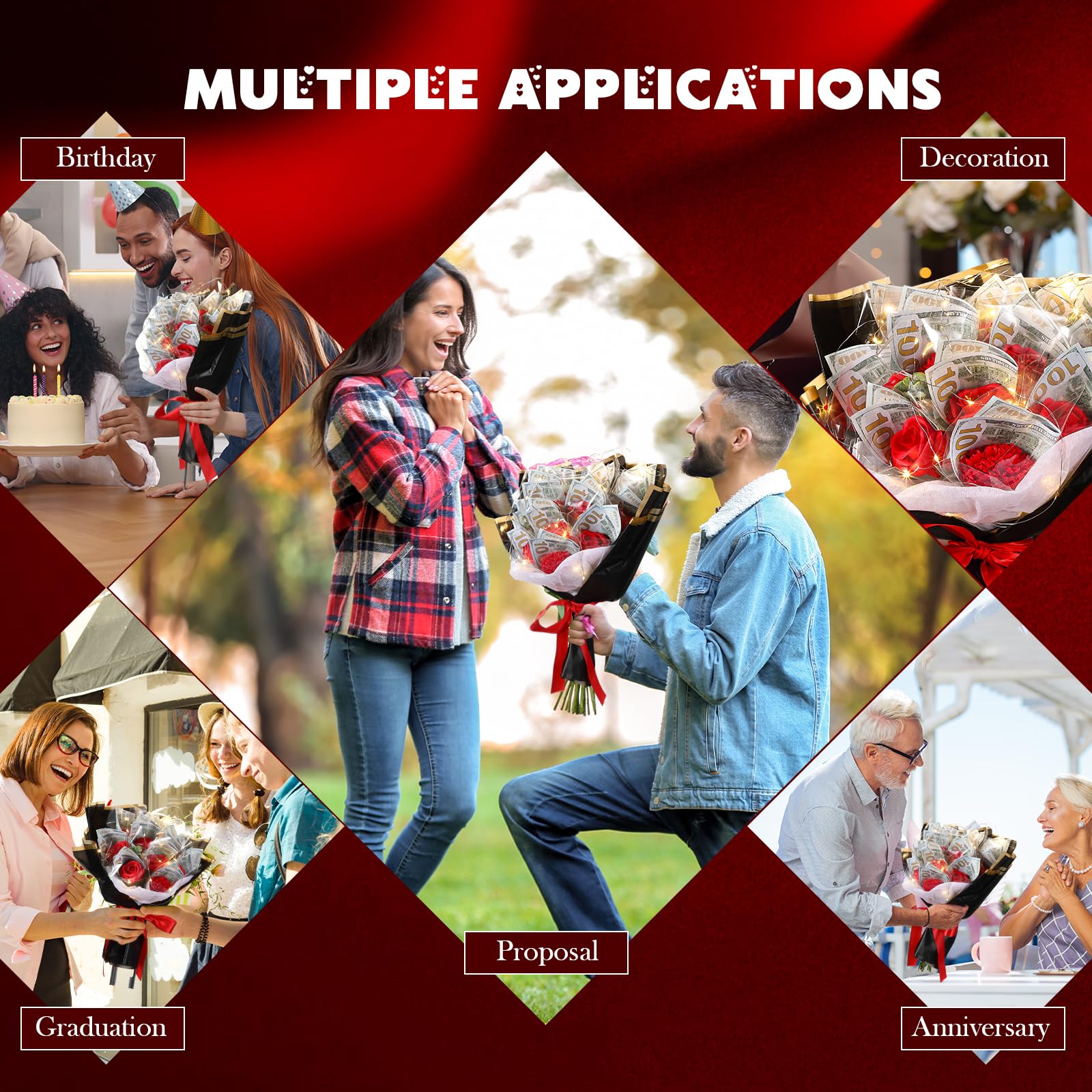 Birthday Gift Money Flower Bouquet Cash Rose Artificial Bouquet Money Bouquet Kit for Cash Gift Pink Money Bouquet Flowers with Bag LED Light String Card for Birthday Party Anniversary  Weddig Gift for Women Girlfriend  (money not included)