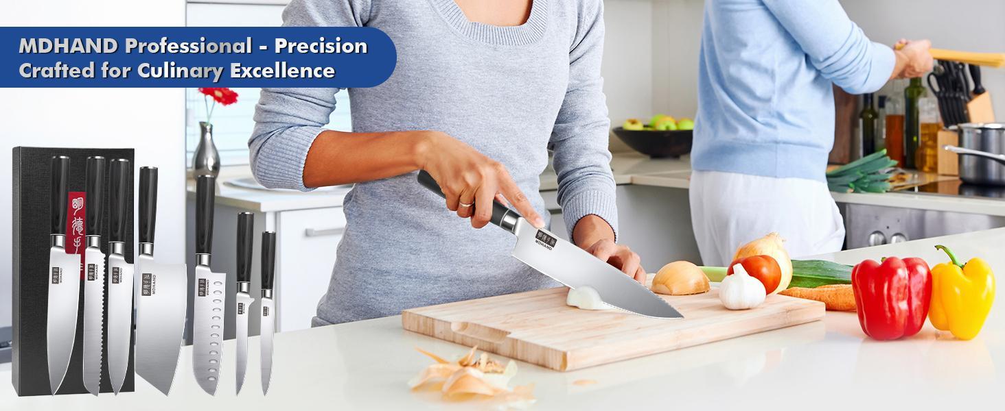 MDHAND Kitchen Knife Set, 7PCS Professional Japanese Knife Set, High Carbon Stainless Steel Chef Knife Set with Black Pakkawood Handle, Professional Ultra Sharp Kitchen Knives for Cooking, Elegant Box, mothersdaygift#Summervibes