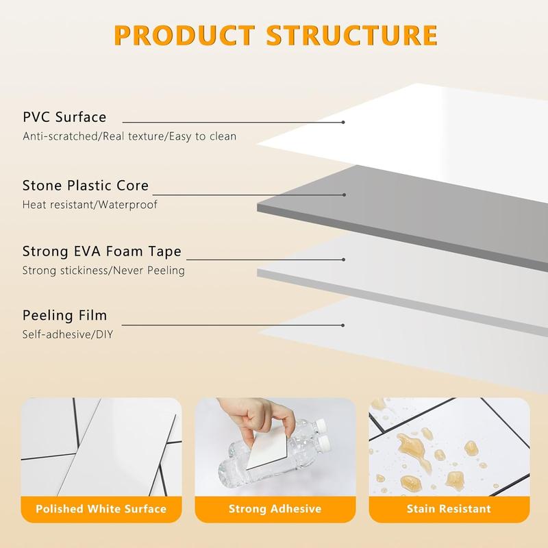 Vamos Tile 100Pcs Water Proof Glossy White Peel and Stick Backsplash,3''x6'' PVC Subway Tile, Stick on Backsplash for Kitchen/Bathroom Decoration Stickers Decorative Ornaments