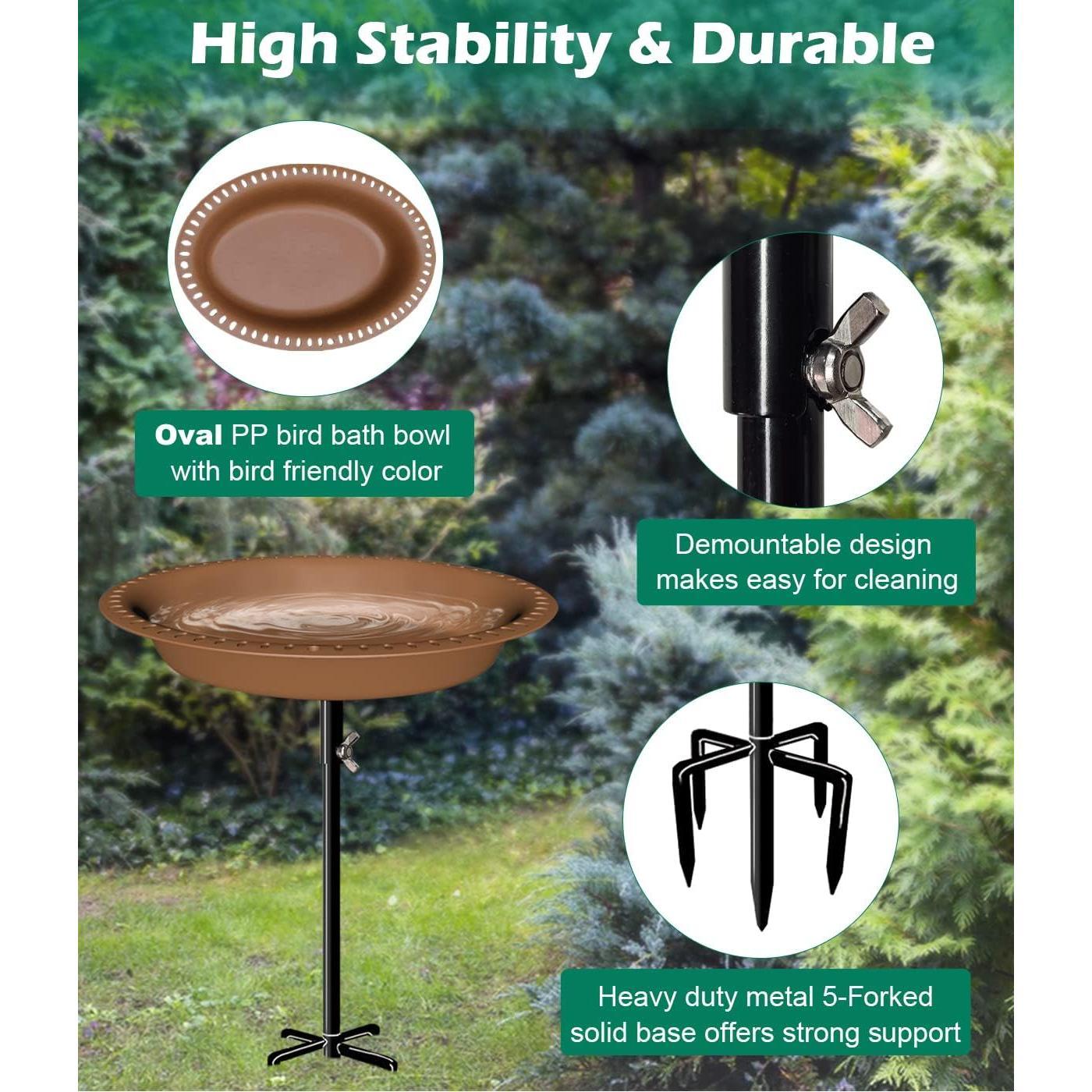 29 Inch Height Oval Shape Bird Bath for Outdoors, Detachable 5-Prong Birdbath Bowl  & Birdfeeder with Metal Stake Stand for Outside Garden, Brown