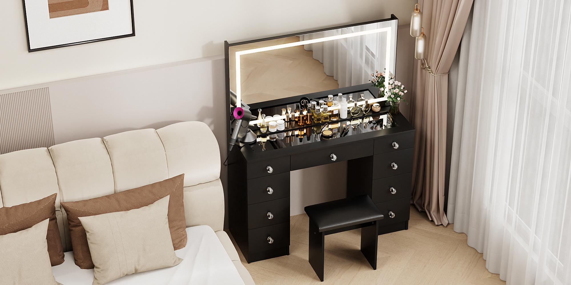 VOWNER Makeup Vanity Desk Table with Lighted Mirror,Power Outlet and 9 Drawers,Come with Soft Cushioned Stool
