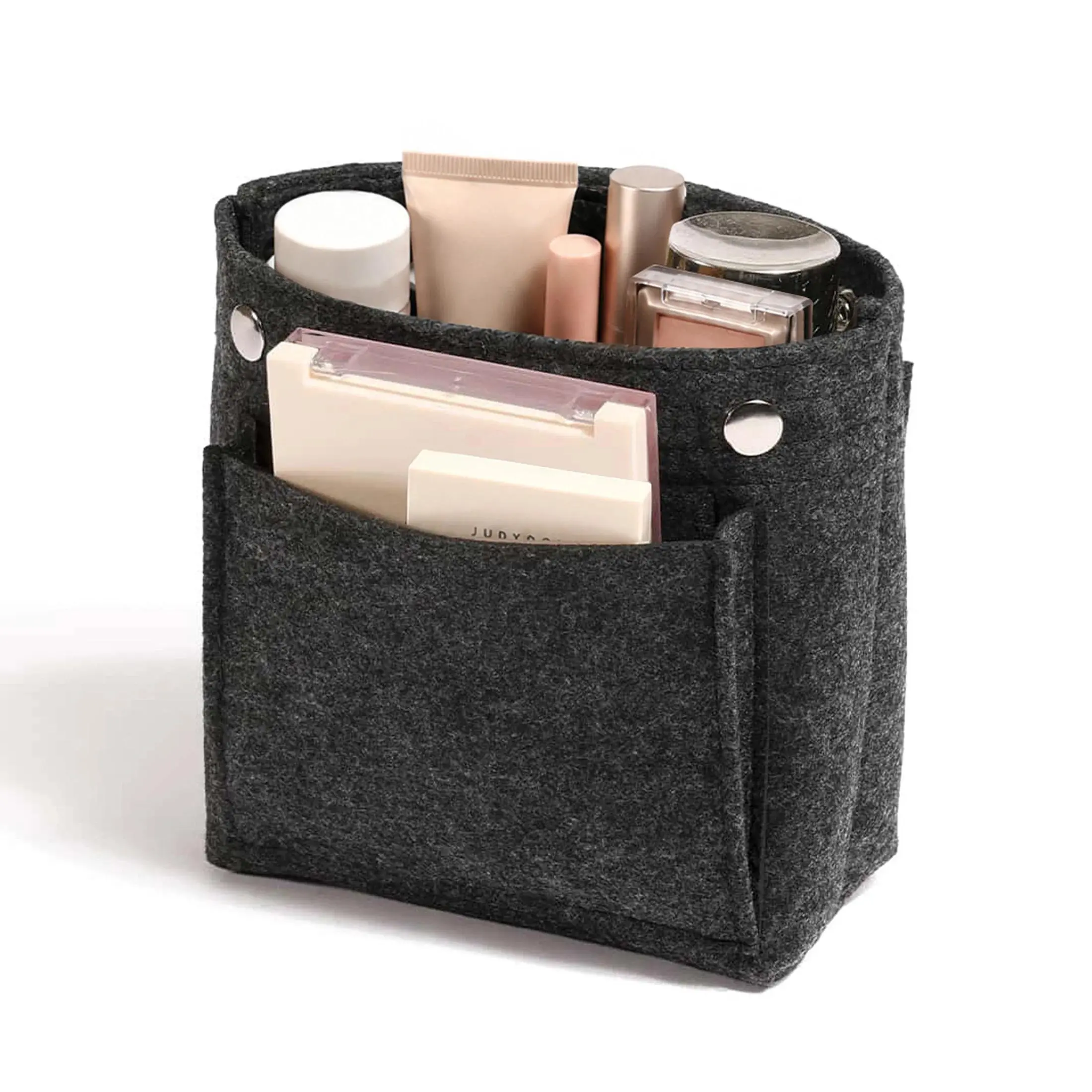 Mini Slim Felt Purse Organizer Insert with Snap Closure, Makeup Bag In Bag Shaper with Multi-Pockets for Handbag & Tote