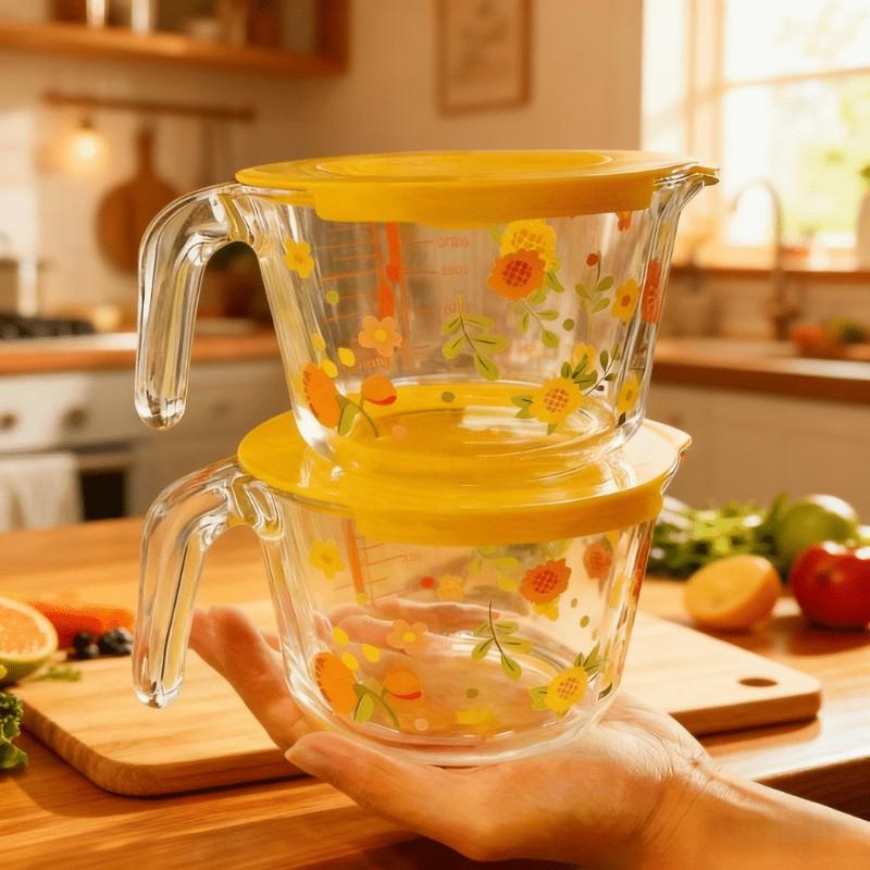 Large Capacity Glass Measuring Cup with Scale, Microwave Safe, Borosilicate Glass, BPA Free, Kitchen Essential, Elegant Floral Design