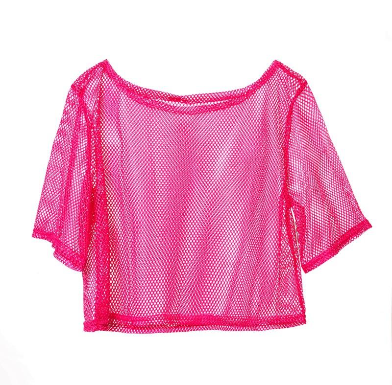 Women’s Neon Pink Mesh Top & Colorful Paint Splash Leggings Set - 80s 90s Rave Festival Outfit with Fishnet Shirt, Fingerless Gloves & Leg Warmers