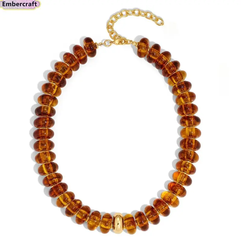 Women's Chunky Beaded Bejeweled Choker Necklace - Amber Discs, Gold Metallic Detail, Vintage Tortoiseshell-Inspired Statement Piece, Adjustable Chain, Light-Colored Resin, Retro Fall Accessory for Female, Necklaces for Women