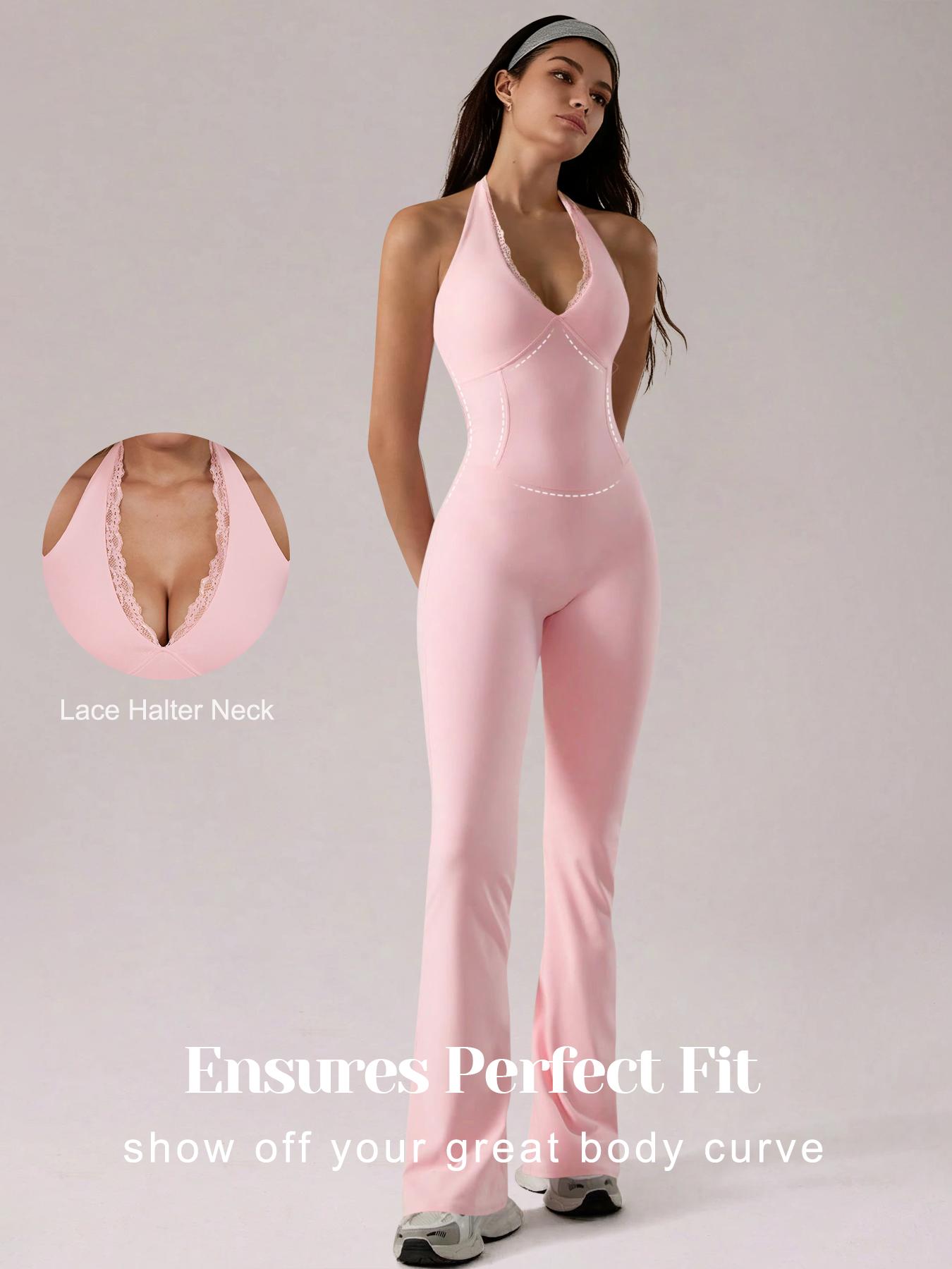 Women's Halter Neck Yoga Jumpsuit Lace Patchwork V Neck Removable Pads Hollow Out Backless, Sleeveless Tummy Control Casual Solid Color High Stretch Workout Utitard One Piece Jumpsuit For Y2K Yoga Gym Sports Dailywear, Ladies Sportswear All Seasons