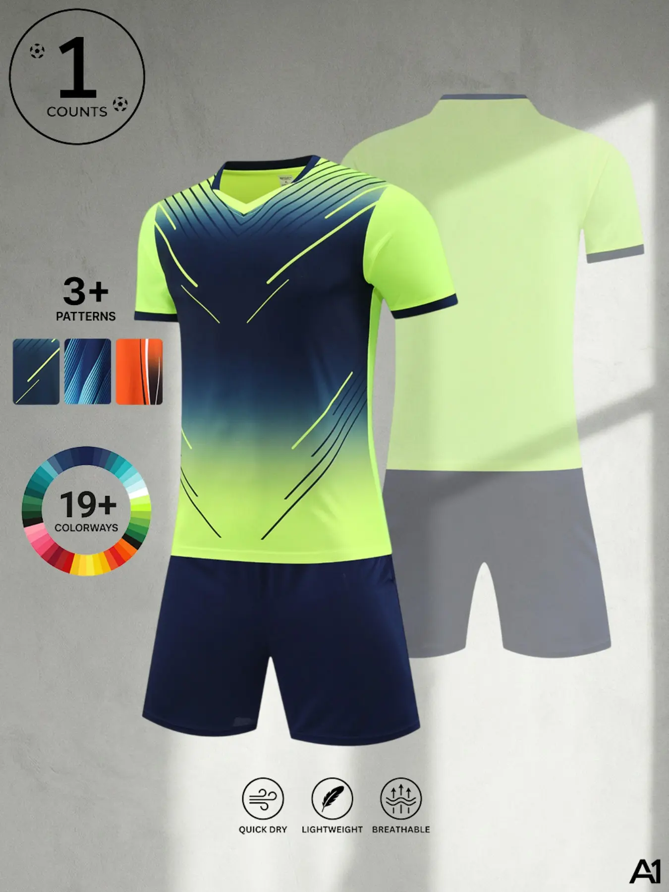 A1 Mens Soccer Football Training Uniforms Set | Quick Dry Breathable Activewear Kit | V-Neck Short Sleeve Jersey & Shorts for Outdoor Sports
