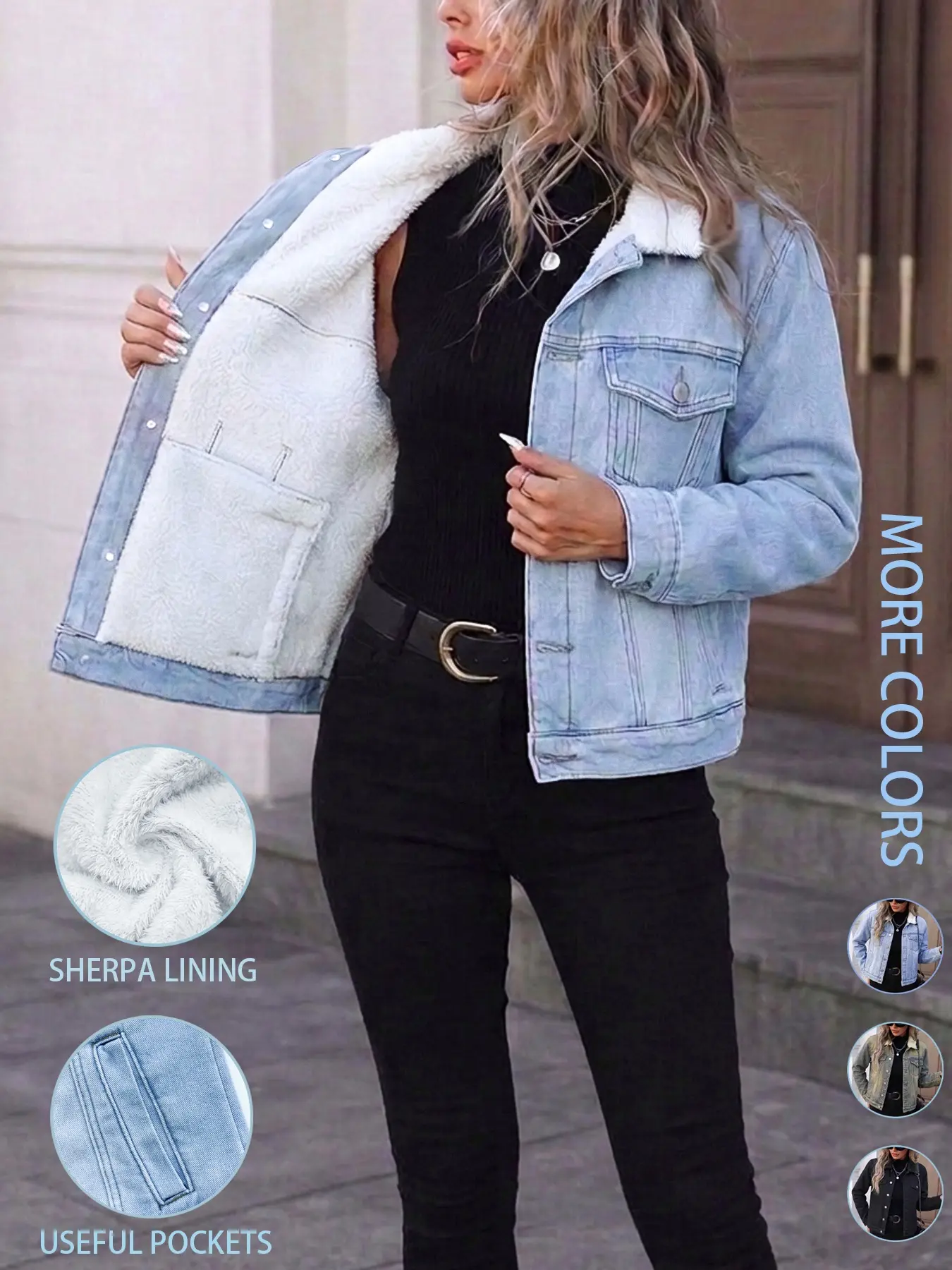 Women's Fall Winter Chic Fashion Denim Jacket with Long Sleeves, Elegant Collared Lapel Single Button Fleece Lined Warm Coat, Casual Versatile Outerwear