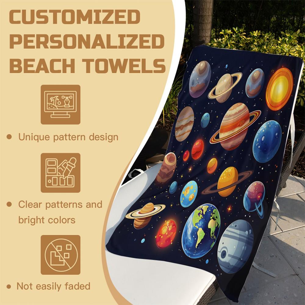 Cute Planets Graphic Beach Towel, Quick Dry Microfiber Towel with High Absorbency, Sand Proof Pool Towel for Kids Adults, Space Themed Beach Accessory