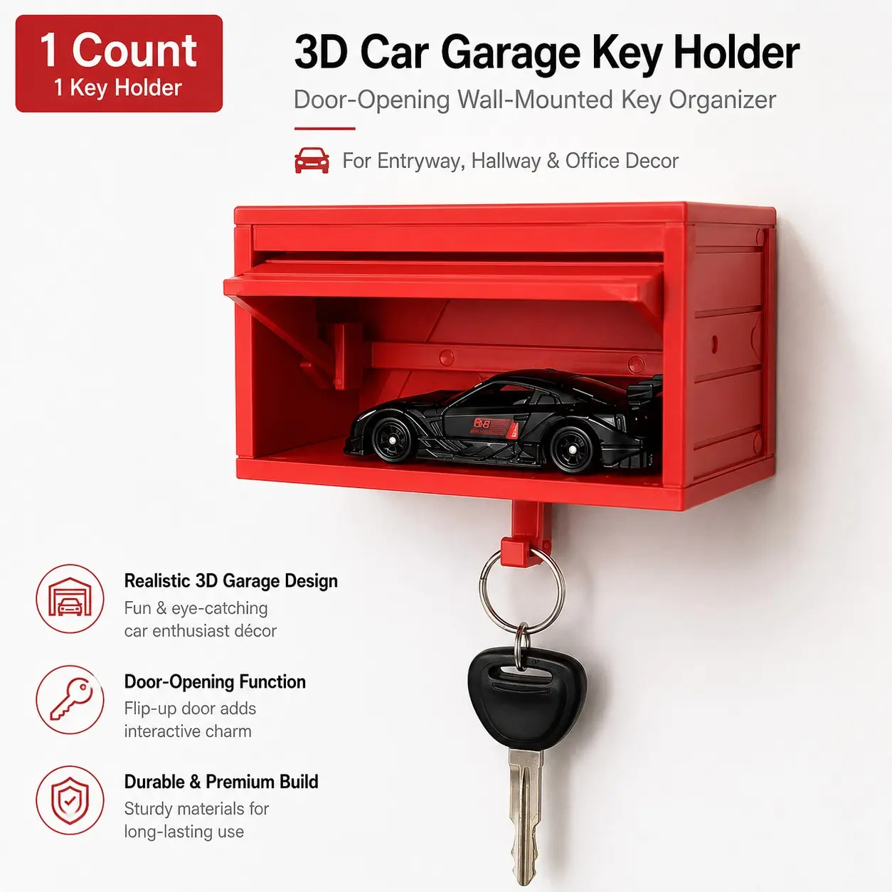 3D Car Garage Key Holder, Wall Mounted Key Organizer with Opening Garage Door, Fun Entryway Key Rack for Hallway, Office, Home Decor and Car Enthusiast Gift