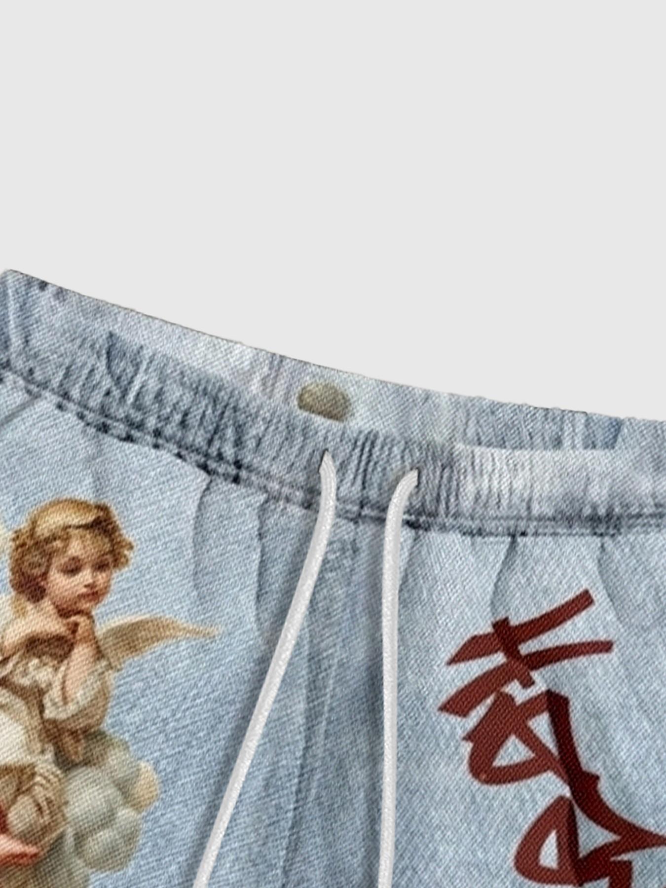 New Summer Retro Angel Print Shorts, Men's Street Graffiti Loose Fit Casual Shorts, Trendy Graphic Design for Daily Wear