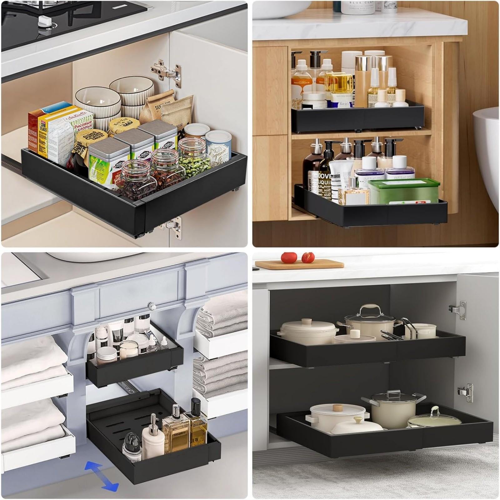 Adjustable Pull-Out Drawer Organizer, Expandable Kitchen and Bathroom Storage Cabinet with Adhesive, Easy Installation, Space-Saving Sliding Shelves