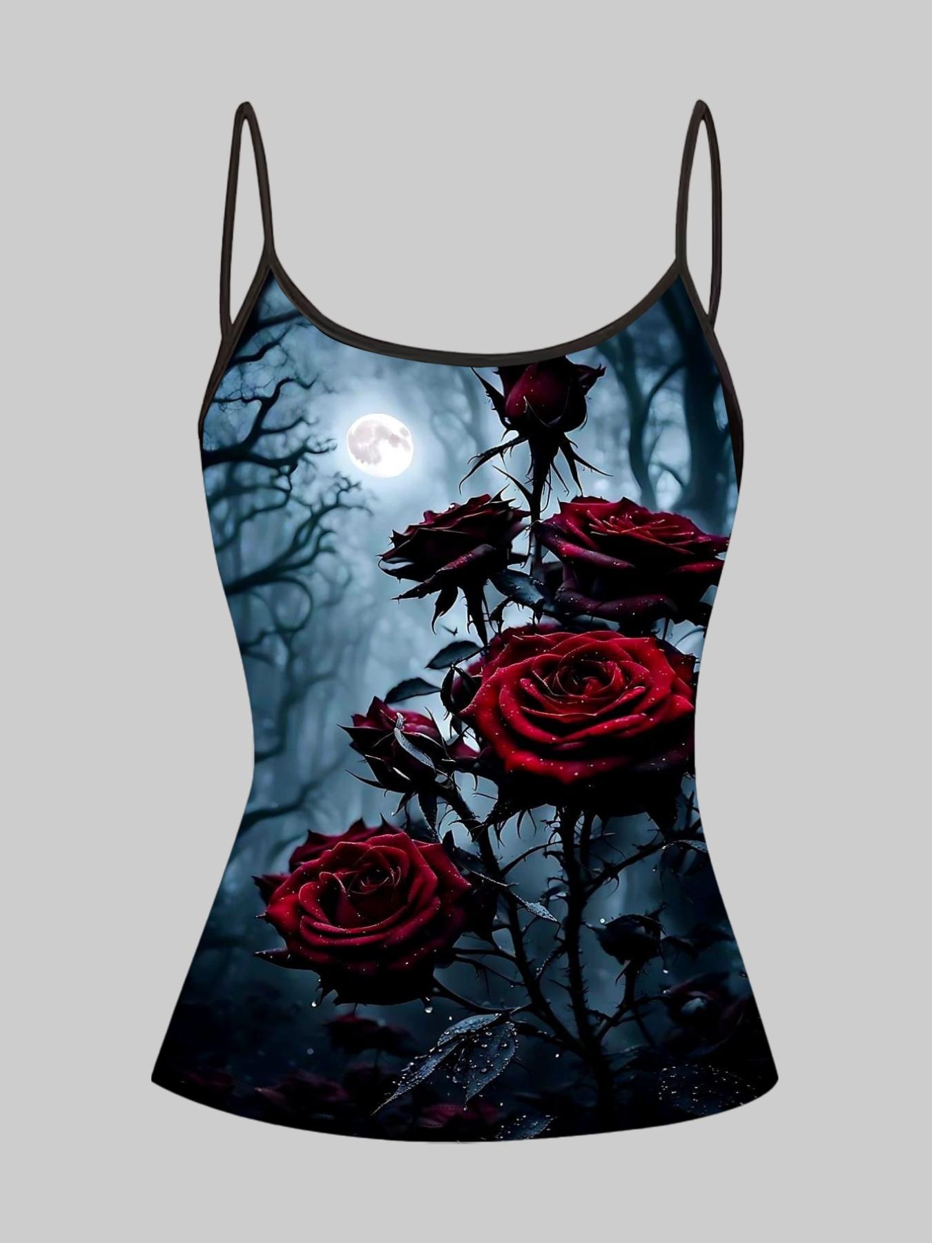 Dark Gothic Flame Rose Print Strappy Top, Summer Home Sleepwear Outerwear, Unique Slim Fit Shirt Set of Four Pieces