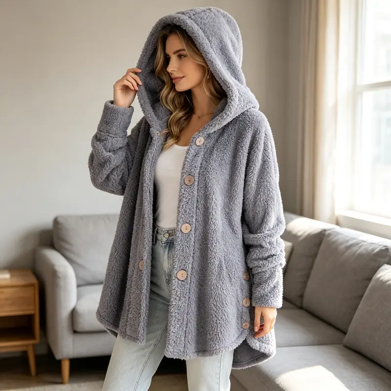 Women's plush round neck winter coat with asymmetric hem – image 13