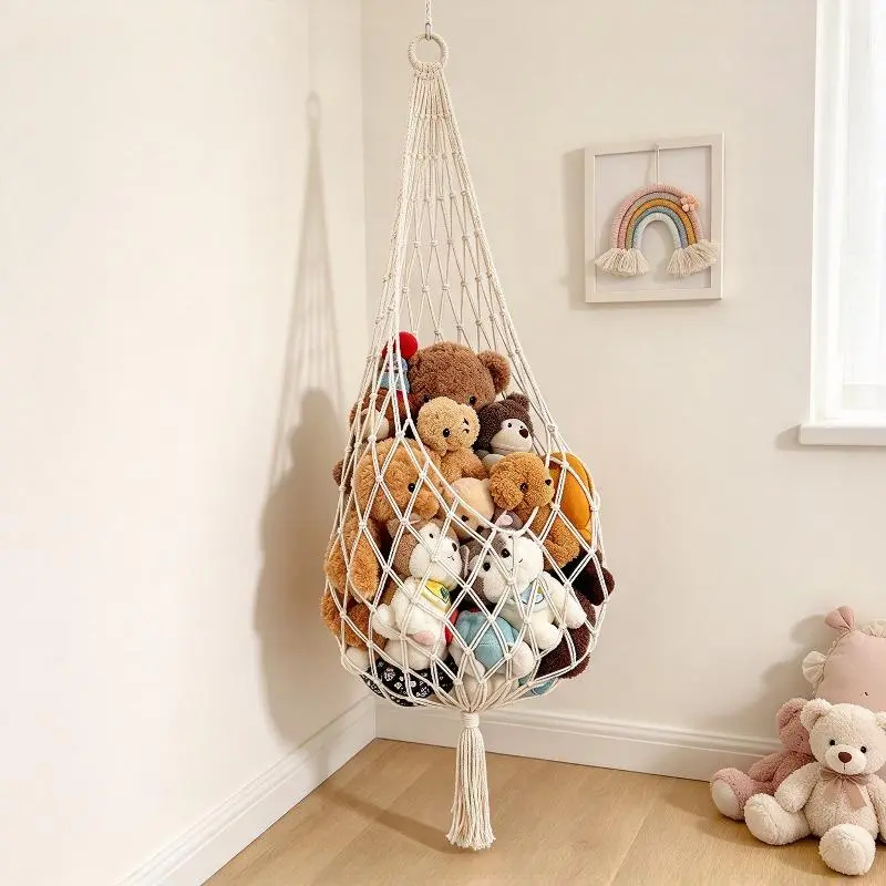 Boho Hanging Macrame Storage Net Bag - Ceiling Wall Mount Woven Organizer with Bottom Tassel Aesthetic Space Saving Hanging Basket for Plush Accents Cushions Home Decor