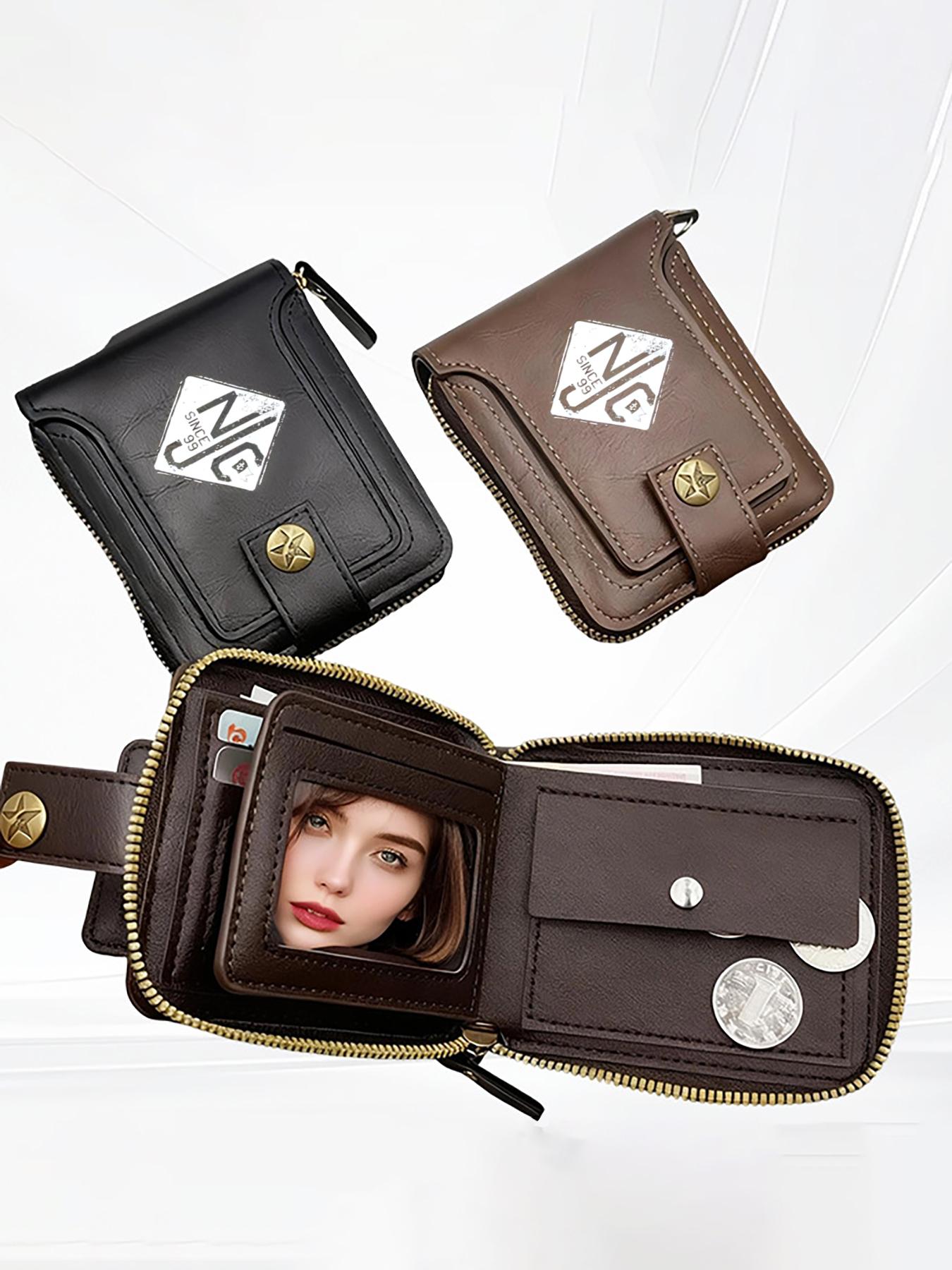 Vintage Black Leather Wallet with NJC Logo Print Design  Stylish Daily Use Gift for Men  Durable Zipper and Button Closure  Perfect Birthday  Christmas  Father's Day  Valentine's Day Gift for Boyfriend  Husband  and Friends  Practical Travel and Office