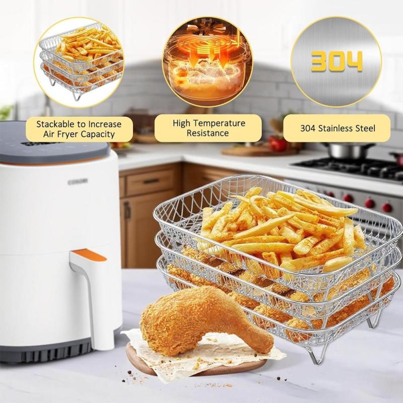 3-Piece Stainless Steel Dehydrator Rack Set, Stackable 8-Inch Square Air Fryer Rack with Silicone Feet, Oven & Deep Frying Safe
